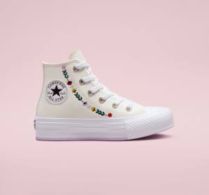 Kids' Converse Chuck Taylor All Star Lift Platform Floral Embroidery High Tops Shoes White / White | CV-804UFH