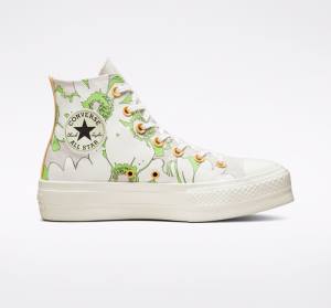 Women's Converse Chuck Taylor All Star Lift Platform Crafted Florals High Tops Shoes Brown / Light Green | CV-398BAQ