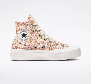 Women's Converse Chuck Taylor All Star Lift Platform Florals High Tops Shoes Beige White / Pink | CV-964NWJ