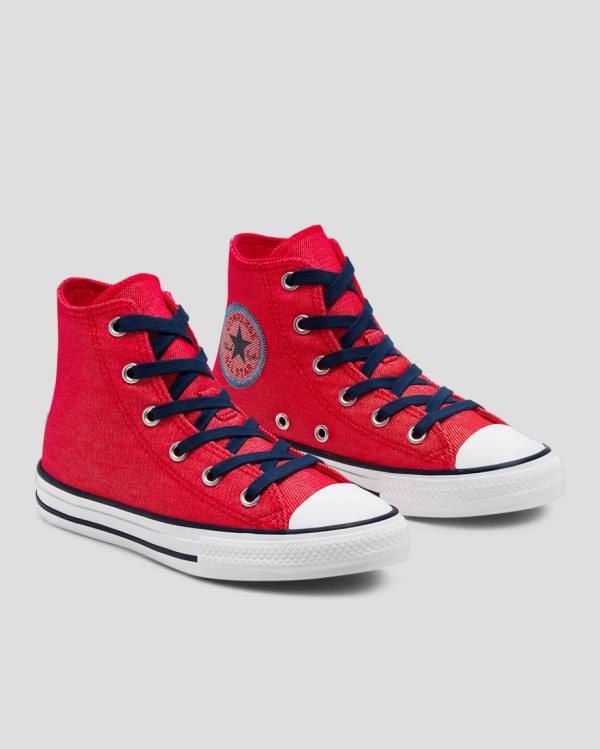 Kids' Converse Chuck Taylor All Star Denim Reverse Twill High Tops Shoes Red | CV-684DPY