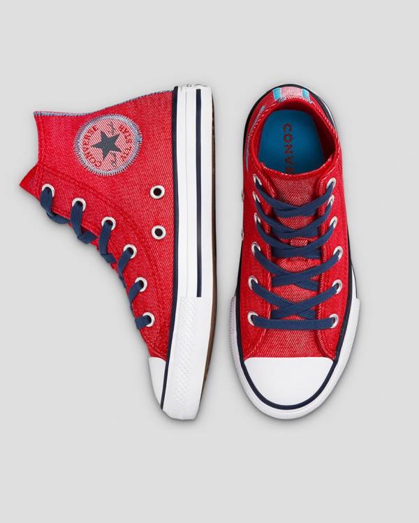 Kids' Converse Chuck Taylor All Star Denim Reverse Twill High Tops Shoes Red | CV-684DPY