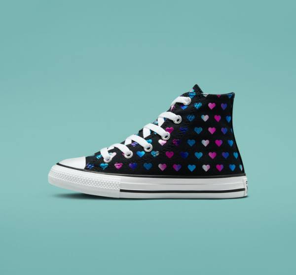 Kids' Converse Chuck Taylor All Star Foil Hearts High Tops Shoes Black / White / Pink | CV-528VJB