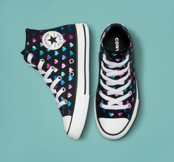 Kids' Converse Chuck Taylor All Star Foil Hearts High Tops Shoes Black / White / Pink | CV-528VJB