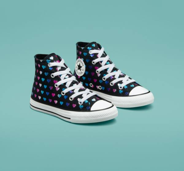 Kids' Converse Chuck Taylor All Star Foil Hearts High Tops Shoes Black / White / Pink | CV-528VJB