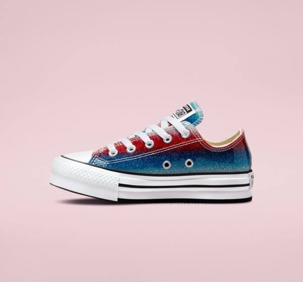 Kids' Converse Chuck Taylor All Star Lift Platform Glitter Drip Low Tops Shoes Blue / White / Red | CV-360REU