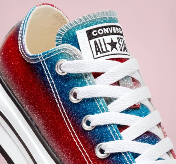 Kids' Converse Chuck Taylor All Star Lift Platform Glitter Drip Low Tops Shoes Blue / White / Red | CV-360REU