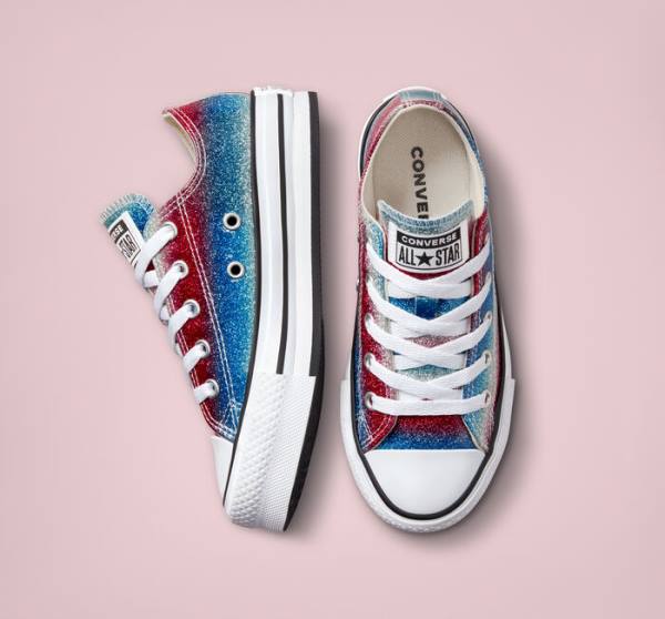 Kids' Converse Chuck Taylor All Star Lift Platform Glitter Drip Low Tops Shoes Blue / White / Red | CV-360REU