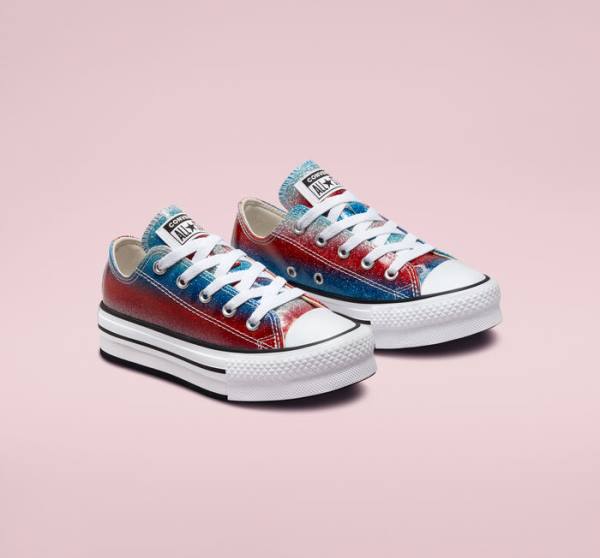 Kids' Converse Chuck Taylor All Star Lift Platform Glitter Drip Low Tops Shoes Blue / White / Red | CV-360REU