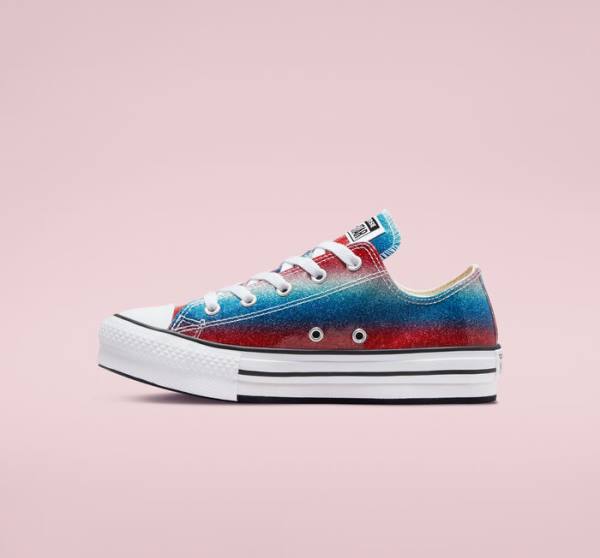 Kids' Converse Chuck Taylor All Star Lift Platform Glitter Drip Low Tops Shoes Blue / White / Red | CV-492WPQ