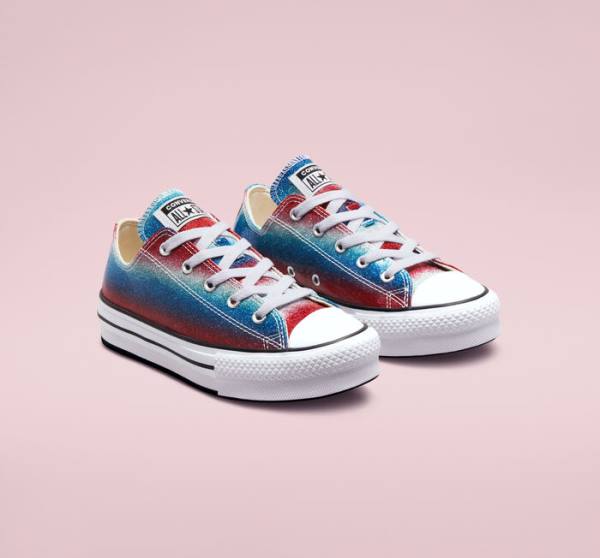 Kids' Converse Chuck Taylor All Star Lift Platform Glitter Drip Low Tops Shoes Blue / White / Red | CV-492WPQ