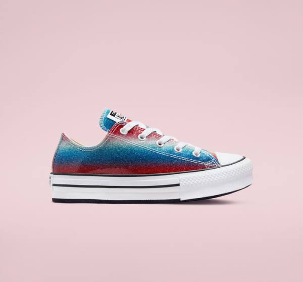 Kids\' Converse Chuck Taylor All Star Lift Platform Glitter Drip Low Tops Shoes Blue / White / Red | CV-492WPQ