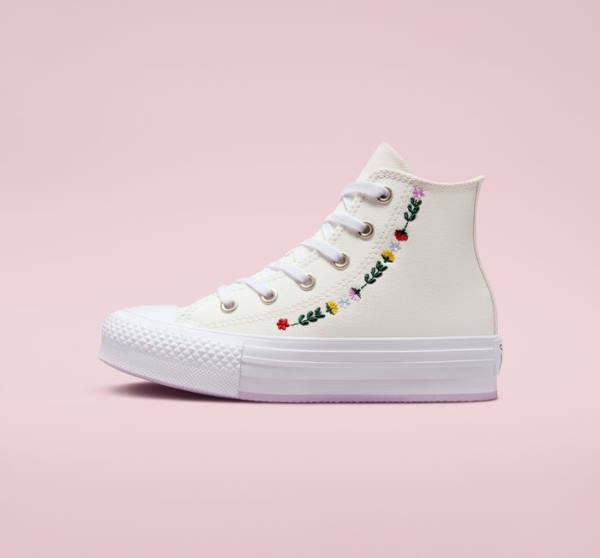 Kids' Converse Chuck Taylor All Star Lift Platform Floral Embroidery High Tops Shoes White / White | CV-804UFH