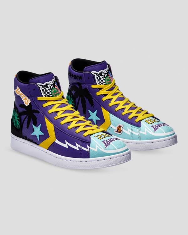 Men's Converse Chinatown Market Pro Leather High Tops Shoes Blue Purple | CV-519OEF