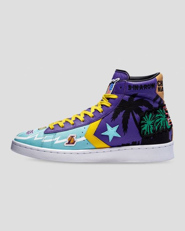 Men's Converse Chinatown Market Pro Leather High Tops Shoes Blue Purple | CV-519OEF