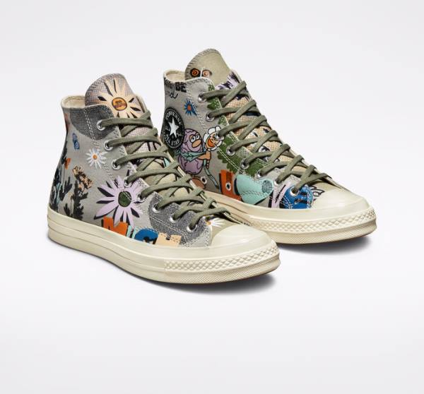 Men's Converse Chuck 70 Floral High Tops Shoes Olive / Multicolor | CV-081RWD