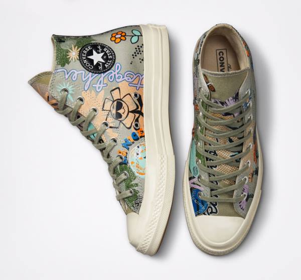 Men's Converse Chuck 70 Floral High Tops Shoes Olive / Multicolor | CV-839FPT