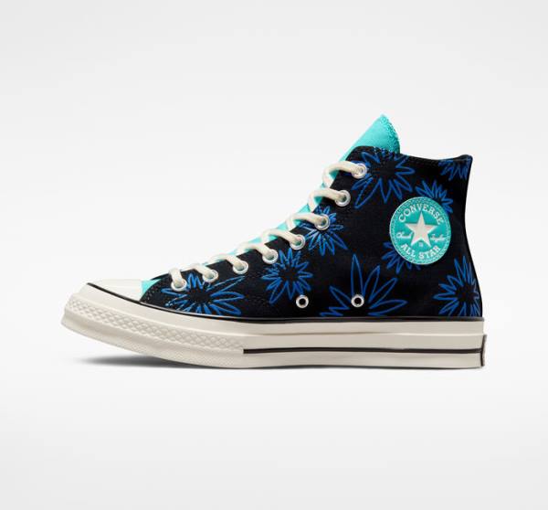 Men's Converse Chuck 70 Sunny Floral High Tops Shoes Black / Turquoise / Royal | CV-206TFR