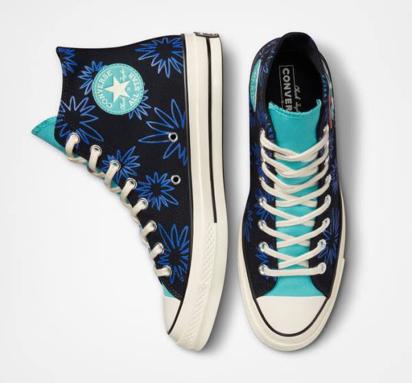 Men's Converse Chuck 70 Sunny Floral High Tops Shoes Black / Turquoise / Royal | CV-206TFR