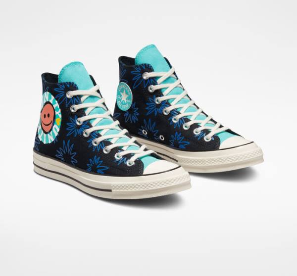 Men's Converse Chuck 70 Sunny Floral High Tops Shoes Black / Turquoise / Royal | CV-206TFR