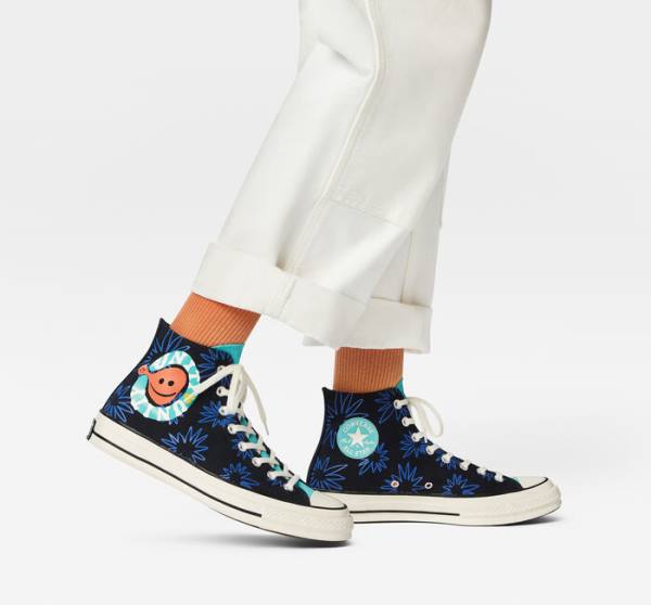 Men's Converse Chuck 70 Sunny Floral High Tops Shoes Black / Turquoise / Royal | CV-206TFR