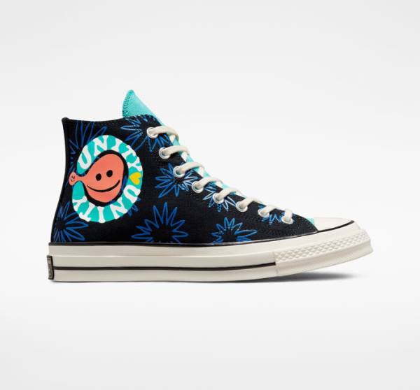 Men\'s Converse Chuck 70 Sunny Floral High Tops Shoes Black / Turquoise / Royal | CV-206TFR