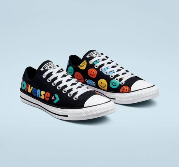 Women's Converse Chuck Taylor All Star Happy Faces Low Tops Shoes Black | CV-809ZHJ