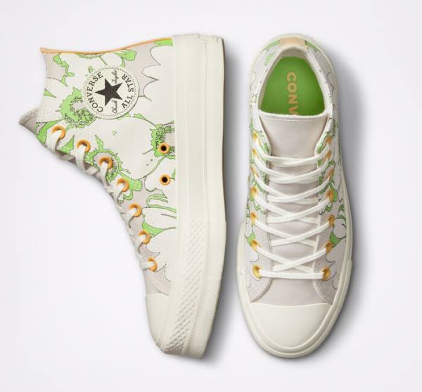 Women's Converse Chuck Taylor All Star Lift Platform Crafted Florals High Tops Shoes Brown / Light Green | CV-398BAQ