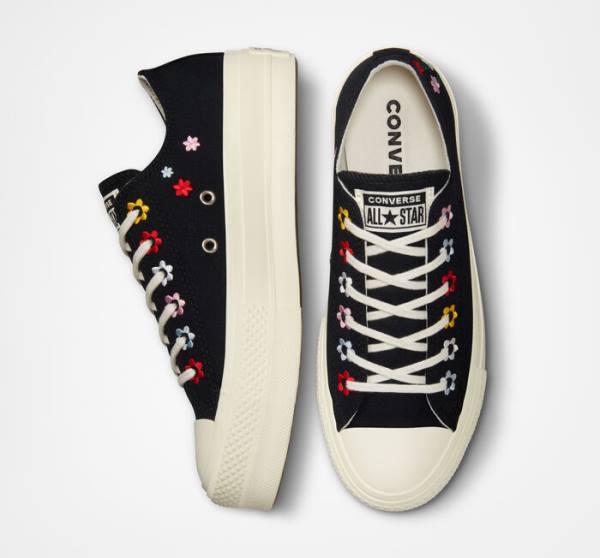 Women's Converse Chuck Taylor All Star Lift Platform Floral Embroidery Low Tops Shoes Black / Multicolor | CV-619XVC