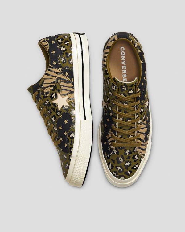 Women's Converse One Star Archive Print Mix Low Tops Shoes Olive Leopard | CV-271NEK